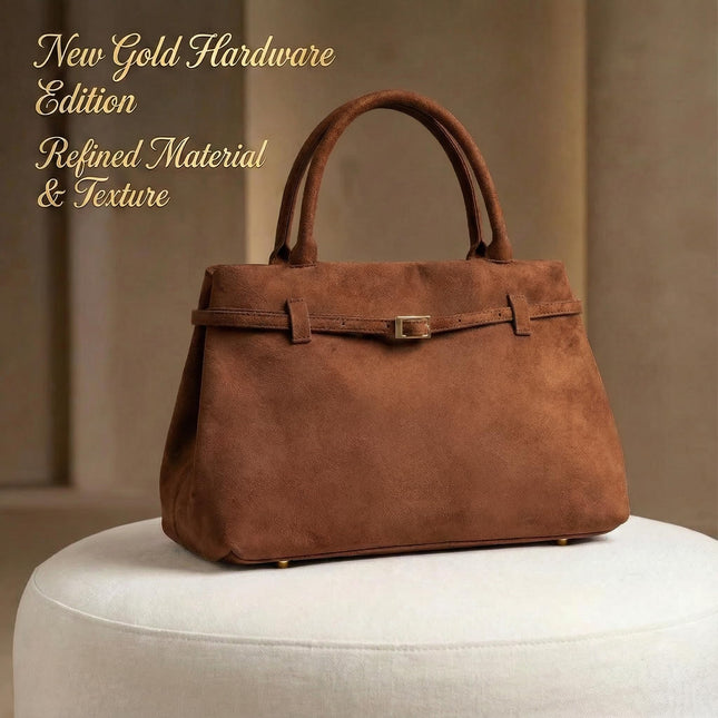 Base'ic Brown Suede Tote Bag - Vegan Brown Suede Purses for Women with Gold Hardware, Adjustable Belt, Magnetic Closure - Elegant Shoulder Bag Hobo Bag - Stylish Brown Purse - Work Bag, City Bag
