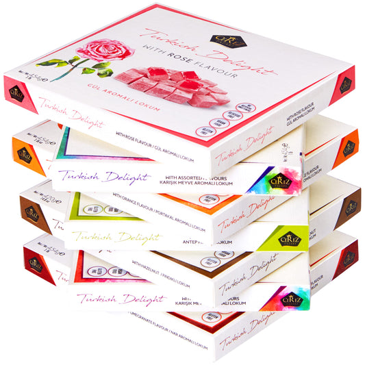 Cerez Pazari Turkish Delight With Rose, Orange, & Lemon Flavors, Gourmet Medium Size Snacks Gift Box, Traditional Confectionery Loukoumi, Vegan Candy Dessert Lokum, No Nuts, 16 oz.