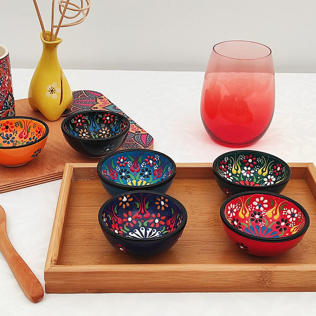 Ayennur Decorative Turkish Ceramic Bowl Set of 6 Serving-Handcrafted(3.14''- 8cm) 2.5oz Pinch sauce Multicolor Dipping Finger Small Serving Charcuterie Bowls(Multi 5)