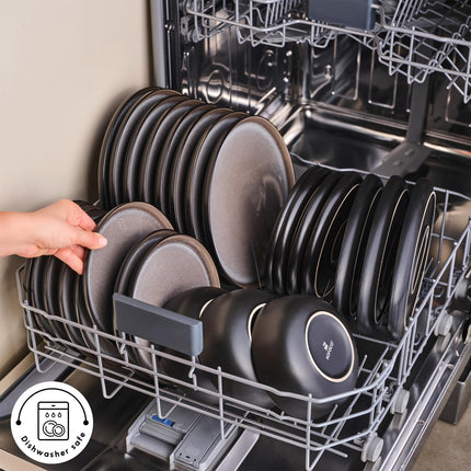 Karaca Mercure Stoneware Plates and Bowls Set, Reactive Glaze Black Dinner Set, Complete Kitchen Tableware Collection, Ideal Dinnerware for 12 People Dining Experience, Dishwasher Safe, 59 Piece