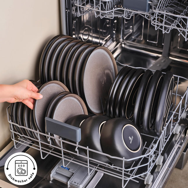 Karaca Mercure Stoneware Plates and Bowls Set, Reactive Glaze Black Dinner Set, Complete Kitchen Tableware Collection, Ideal Dinnerware for 12 People Dining Experience, Dishwasher Safe, 59 Piece