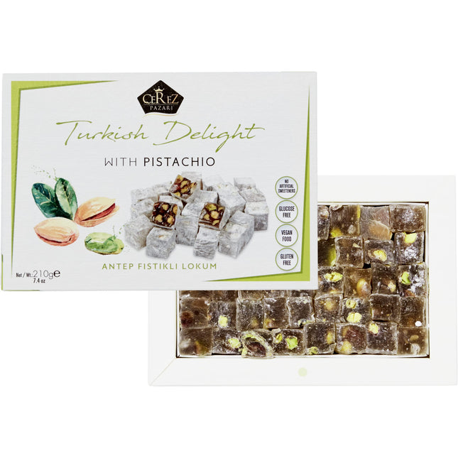 Cerez Pazari Turkish Delight Pistachio Candy, Gourmet Premium Vegan Sweets Small Gift Box, Luxury Traditional Confectionery Loukoumi, Soft Candy Dessert Glucose-Free Turkish Delight, 7.4 oz.