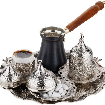 DEMMEX Turkish Greek Arabic Coffee Making and Serving Full Set with Cups, Saucers, Lids, Sugar Bowl, Tray and Antiqued Copper Coffee Pot, 12 Pcs (Silver)
