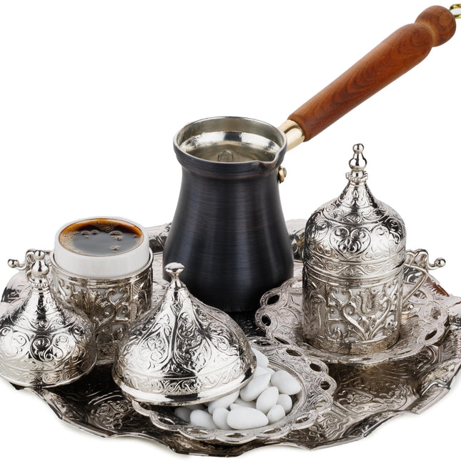 DEMMEX Turkish Greek Arabic Coffee Making and Serving Full Set with Cups, Saucers, Lids, Sugar Bowl, Tray and Antiqued Copper Coffee Pot, 12 Pcs (Silver)