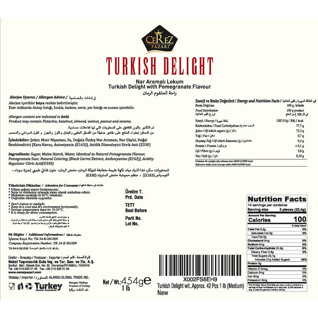Turkish Delight Pomegranate Flavor, Gourmet Medium Size Snacks Gift Box, Sweet Luxury Traditional Confectionery, Vegan Soft Candy Dessert Loukoumi, Nuts &amp; Glucose-Free Turkish Delight, Approx. 42Pcs, 16oz.