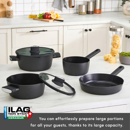 Karaca Swiss Crystal Ceramic Midnight Cookware Set - Non Stick Pots and Pans Set with Lid - PFAS-Free, Dishwasher Safe, Induction Hob Compatible Cookware, Black, 6 Piece