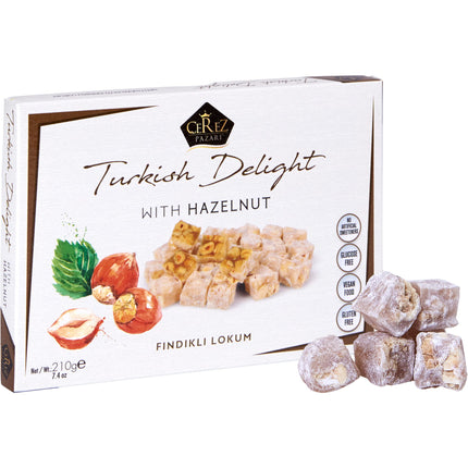 Cerez Pazari Turkish Delight Hazelnut Candy Gourmet Premium Vegan Sweets Small Gift Box 7.4oz | Luxury Traditional Soft Confectionery Turkish Delight (Loukoumi) | Small Size Snacks Apprx.35 Pcs