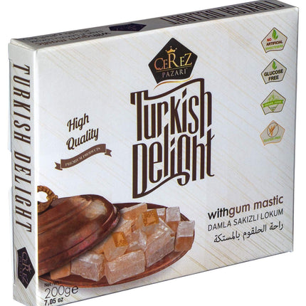Cerez Pazari Turkish Delight with Fantastic Gum Mastic 7 oz Gourmet Small Size Snacks Gift Box | No Nuts Sweet Luxury Traditional Confectionery Vegan Soft Candy Dessert Glucose Free Turkish Delight (Loukoumi) Approx.18 Pcs
