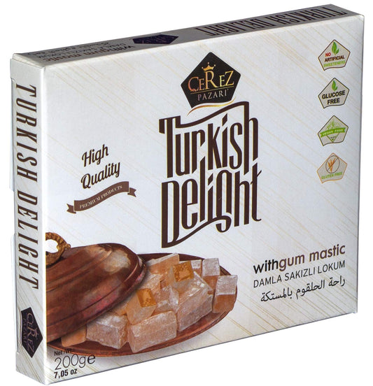Cerez Pazari Turkish Delight with Fantastic Gum Mastic 7 oz Gourmet Small Size Snacks Gift Box | No Nuts Sweet Luxury Traditional Confectionery Vegan Soft Candy Dessert Glucose Free Lokum (Loukoumi) Approx.18 Pcs