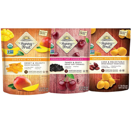 Sunny Fruit Organic Dried Fruit Assortment - Figs, Apricots, Dates, Mango, Cherries &amp; Prunes Variety, 6 Bags (30 Individual Portion Packs) | NON-GMO, HALAL, KOSHER, NO PRESERVATIVES, NO SUGAR ADDED
