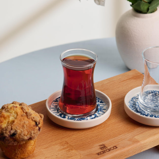 KARACA Mavili Turkish Tea Cups Set - 12 Piece Turkish Tea Glasses and Stoneware Saucers - Authentic Glass Drinking Sets for 6 People - Ideal Adult Teacup Set (170 ml)