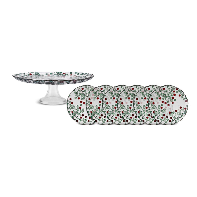 KARACA Berry 11" Cake Stand and Dessert Plates Set for 6 People - Glass, Round &amp; Berry Pattern - Large Side Plates for Tea Party - Ideal for Serving Cupcakes, Donuts, and More (7 Pieces)