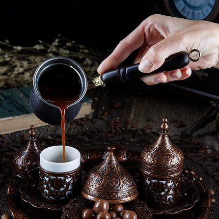 DEMMEX Turkish Greek Arabic Coffee Making and Serving Full Set with Cups, Saucers, Lids, Sugar Bowl, Tray and Antiqued Copper Coffee Pot, 12 Pcs (Chocolate)
