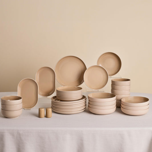 Karaca Terra Stoneware Dinnerware Sets for 8 People, Microwave & Dishwasher Safe Dinner Set, Soft Cream Color, Elegant & Durable Dinnerware Set, Plates and Bowls Sets with Platters & Shakers, 36-Piece