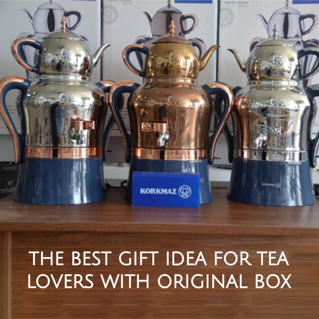 Korkmaz Hanedan A843-04 Stainless Steel Samovar, Upper Pot 1.3 L (43.9 Oz), Bottom Pot 3.5 L (118.3 Oz) Electric Turkish Tea Maker Set, Double Pots Tea Machine, Inox, Rosegold, 110 V US Plug, 5.1-Quart