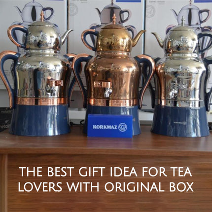 Korkmaz Hanedan A843-05 Stainless Steel Samovar, Upper Pot 1.3 L (43.9 Oz), Bottom Pot 3.5 L (118.3 Oz) Electric Turkish Tea Maker Set, Double Pots Tea Machine, Rosegold, 110 V US Plug, 5.1- Quart