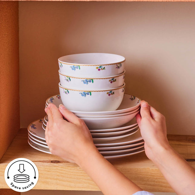 Karaca New Brillo Dinnerware Sets for 12 People, Modern Design, New Bone China Dinner Set, Kitchen Plates Bowls Set with Serving Plates, Salt &amp; Pepper Shakers, Toothpick Holder, 53-Piece