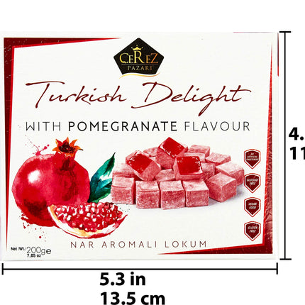Cerez Pazari Turkish Delight with Pomegranate Flavor 200 gr Gourmet Small Size Snacks Gift Box No Nuts Sweet Luxury Traditional Confectionery Vegan Candy Dessert Glucose Free Turkish Delight Approx.18 Pcs