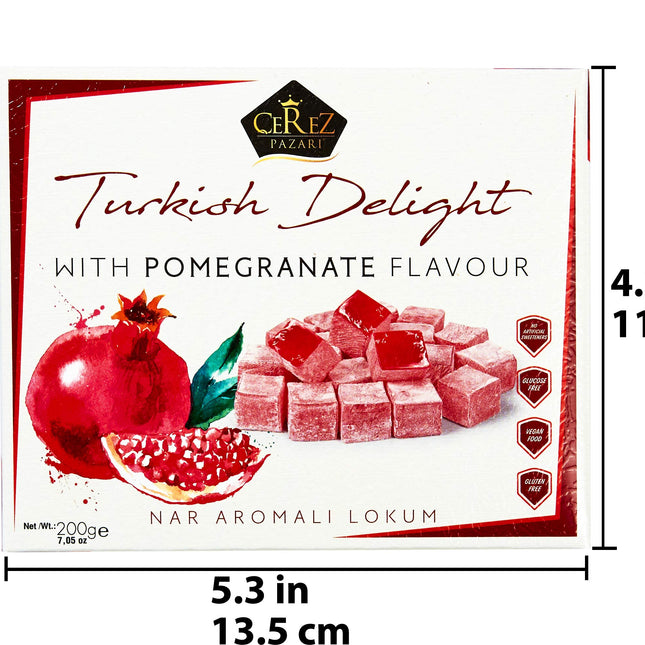 Cerez Pazari Turkish Delight with Pomegranate Flavor 200 gr Gourmet Small Size Snacks Gift Box No Nuts Sweet Luxury Traditional Confectionery Vegan Candy Dessert Glucose Free Turkish Delight Approx.18 Pcs