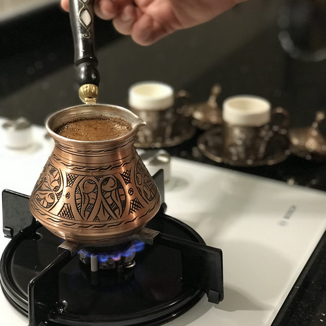 BCS 12 Oz Copper Turkish Greek Arabic Coffee Pot with Wooden Handle (4 servings) Cezve Ibrik Briki Stovetop Coffee Maker (Includes Wooden Spoon)