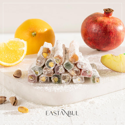 Eastanbul Turkish Delight, 8.8oz, Turkish Delights Candy Sticks Pistachio Filled w/ 4 Flavors: Apple, Orange, Pomegranate, Vanilla, International Candy, Wick Turkish Delight, Vegan Gift