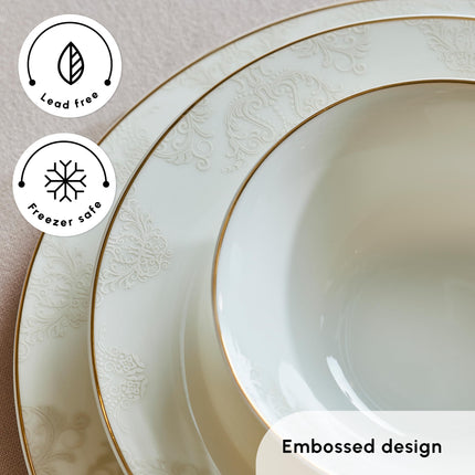 Karaca Siena Porcelain Plates and Bowls Set with Dinner &amp; Dessert Plates, Salt &amp; Pepper Shakers - Bone China Dishware Sets - Kitchen Dinnerware Set for 12 People (53-Piece, White Dish Set)