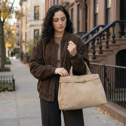 Base'ic Beige Suede Tote Bag - Vegan Beige Suede Purses for Women with Gold Hardware, Adjustable Belt, Magnetic Closure - Elegant Shoulder Bag Hobo Bag - Stylish Suede Purse - Work Bag, City Bag