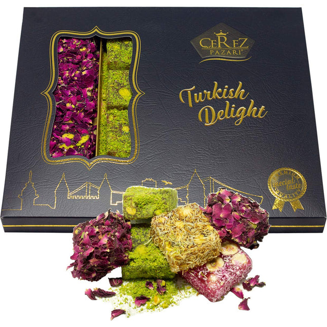 Cerez Pazari Turkish Delight Pistachio and Hazelnut with Fantastic Rose & Pomegranate Flavor Experience in Luxury Large Gift Box 500g | Assorted Gourmet, Sweet Vegan Traditional Turkish Delight (16-20 Pcs)
