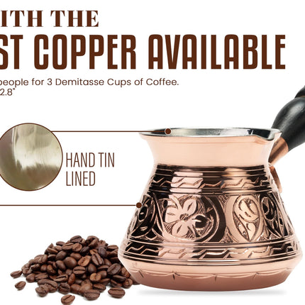 DEMMEX Thickest Copper Turkish Greek Arabic Coffee Pot, Stovetop Coffee Maker, Cezve Ibrik Briki with Wooden Handle &amp; Spoon, Hand Engraved (Copper, 9 fl Oz-3 ppl)