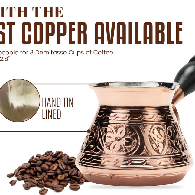 DEMMEX Thickest Copper Turkish Greek Arabic Coffee Pot, Stovetop Coffee Maker, Cezve Ibrik Briki with Wooden Handle &amp; Spoon, Hand Engraved (Copper, 9 fl Oz-3 ppl)