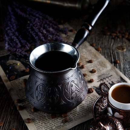 DEMMEX Thickest Copper Turkish Greek Arabic Coffee Pot, Stovetop Coffee Maker, Cezve Ibrik Briki with Wooden Handle &amp; Wooden Spoon, Hand Engraved (Antique Copper, 15 fl Oz)