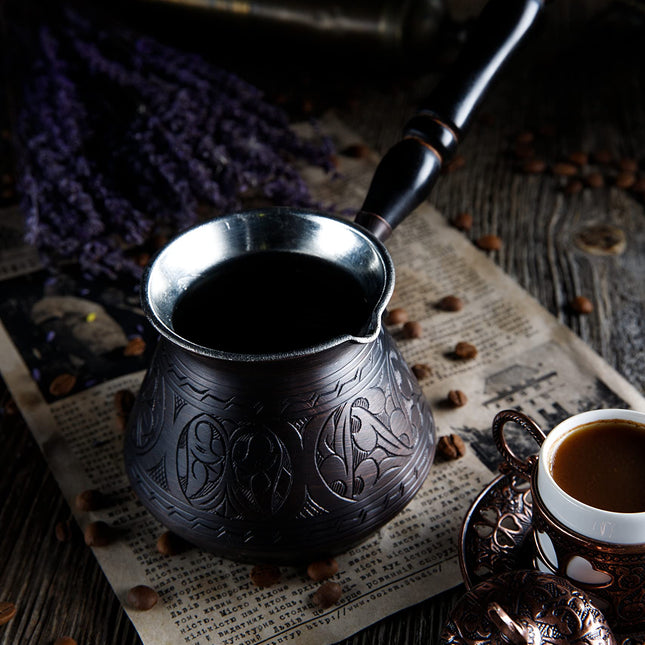 DEMMEX Thickest Copper Turkish Greek Arabic Coffee Pot, Stovetop Coffee Maker, Cezve Ibrik Briki with Wooden Handle &amp; Wooden Spoon, Hand Engraved (Antique Copper, 15 fl Oz)