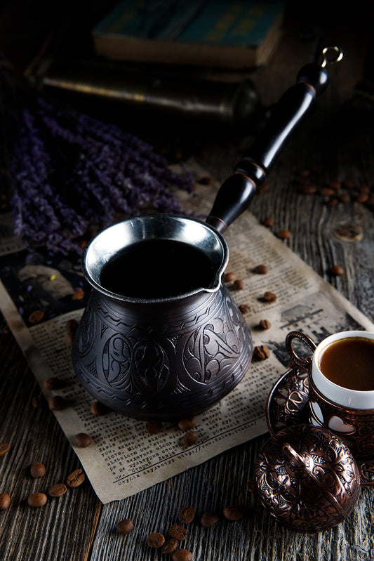 DEMMEX Thickest Copper Turkish Greek Arabic Coffee Pot, Stovetop Coffee Maker, Cezve Ibrik Briki with Wooden Handle & Wooden Spoon, Hand Engraved (Antique Copper, 15 fl Oz)