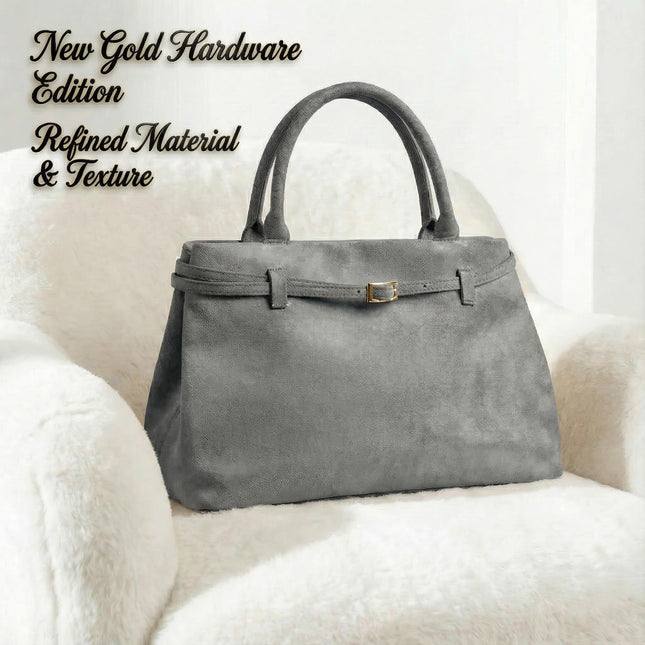 Base'ic Gray Suede Tote Bag - Vegan Gray Suede Purses for Women with Gold Hardware, Adjustable Belt, Magnetic Closure - Elegant Shoulder Bag Hobo Bag - Stylish Suede Purse - Work Bag, City Bag