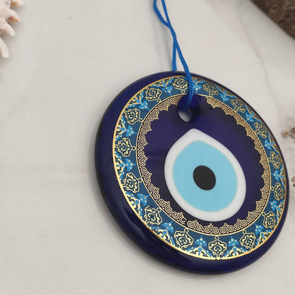 Erbulus 4.3" Glass Blue Evil Eye Wall Hanging Gold Patterned Ornament - Evil Eye Decor - Turkish Handmade Nazar Amulet - Home Protection Charm - Evil Eye Wall Decor
