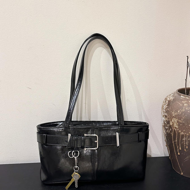 Base'ic Women's Vegan Leather Shoulder Bag with Belted Detail &amp; Key Charm – Medium Tote Handbag for Everyday, Work &amp; Travel (Black)
