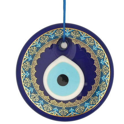 Erbulus 4.3" Glass Blue Evil Eye Wall Hanging Gold Patterned Ornament - Evil Eye Decor - Turkish Handmade Nazar Amulet - Home Protection Charm - Evil Eye Wall Decor