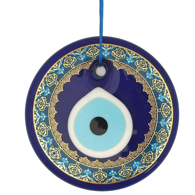 Erbulus 4.3" Glass Blue Evil Eye Wall Hanging Gold Patterned Ornament - Evil Eye Decor - Turkish Handmade Nazar Amulet - Home Protection Charm - Evil Eye Wall Decor