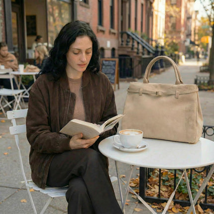 Base'ic Beige Suede Tote Bag - Vegan Beige Suede Purses for Women with Gold Hardware, Adjustable Belt, Magnetic Closure - Elegant Shoulder Bag Hobo Bag - Stylish Suede Purse - Work Bag, City Bag