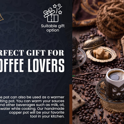 DEMMEX Thickest Copper Turkish Greek Arabic Coffee Pot, Stovetop Coffee Maker, Cezve Ibrik Briki with Wooden Handle &amp; Wooden Spoon, Hand Engraved (Matte Copper, 15 fl Oz)