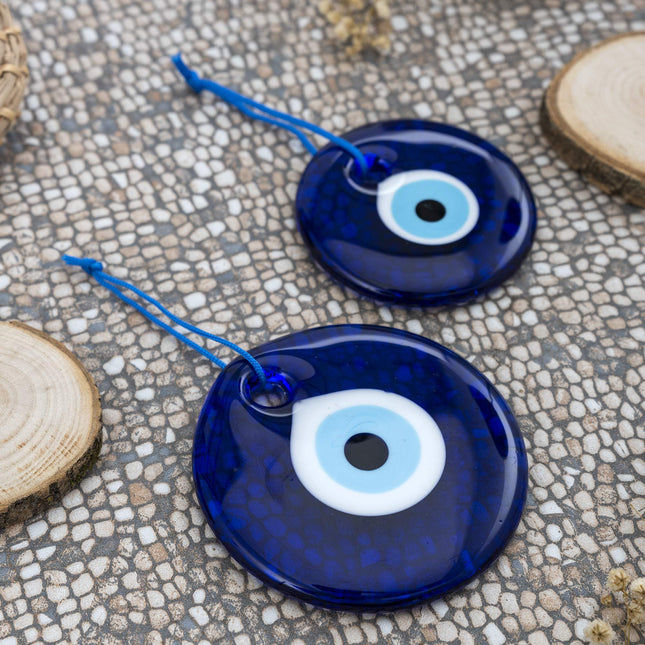 Erbulus Turkish Glass Blue Evil Eye Wall Hanging Ornament - Turkish Nazar Beads - Evil Eye Home Protection Charm Set of 2 - Wall Decor Amulet in a Box