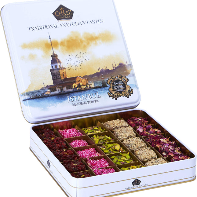 Cerez Pazari Turkish Delight In 4 Flavors, With Pistachio, Hazelnut &amp; Walnut, Assorted Gourmet Turkish Delight In Elegant Tin Gift Box, Sweet Traditional Soft Candy Dessert 25 Pcs, 1.1 lb (500g)
