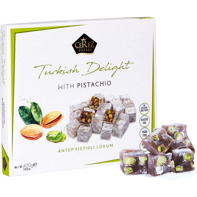 Cerez Pazari Turkish Delight Pistachio Candy Gourmet Premium Vegan Sweets Medium Gift Box 420g | Sweet Luxury Traditional Confectionery Soft Candy Dessert Glucose Free Turkish Delight (Loukoumi) | Apprx.42 Pcs