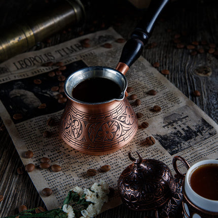 DEMMEX Thickest Copper Turkish Greek Arabic Coffee Pot, Stovetop Coffee Maker, Cezve Ibrik Briki with Wooden Handle &amp; Wooden Spoon, Hand Engraved (Matte Copper, 15 fl Oz)