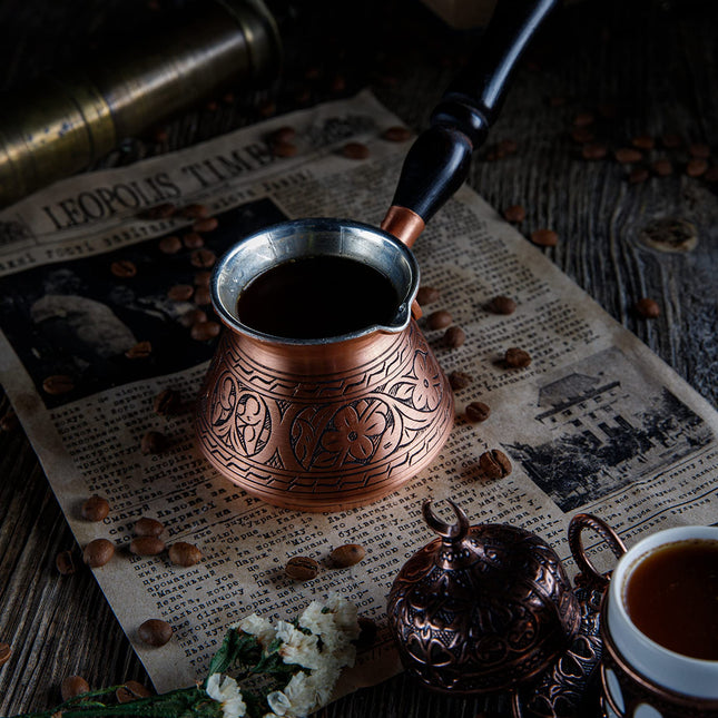 DEMMEX Thickest Copper Turkish Greek Arabic Coffee Pot, Stovetop Coffee Maker, Cezve Ibrik Briki with Wooden Handle &amp; Wooden Spoon, Hand Engraved (Matte Copper, 15 fl Oz)