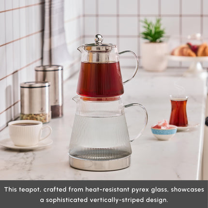 Karaca Keops Turkish Teapot with Infuser and Lid (450 ml Tea Pot &amp; 1500 ml Induction Kettle) - Borosilicate Glass Teapot Set for Stovetops - Clear Tea Maker with 10-15 Cups Capacity