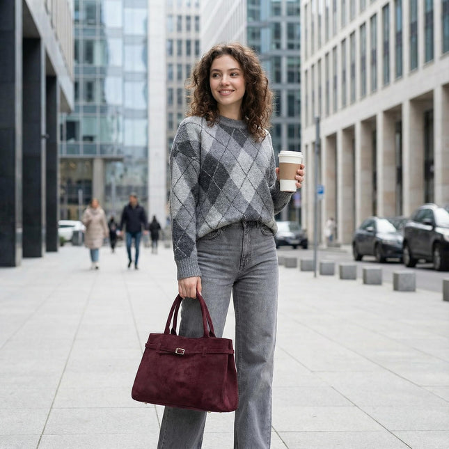Base'ic Burgundy Suede Tote Bag - Vegan Burgundy Suede Purses for Women with Gold Hardware, Adjustable Belt, Magnetic Closure - Elegant Shoulder Bag Hobo Bag - Stylish Suede Purse - Work Bag, City Bag