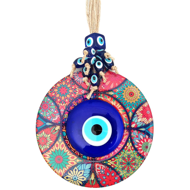 Erbulus Evil Eye Decor Mandala Wall Hanging - 5.1" Wooden Circle - Turkish Evil Eye Amulet - Evil Eye Protection Charm - Wall Art Amulet in a Box