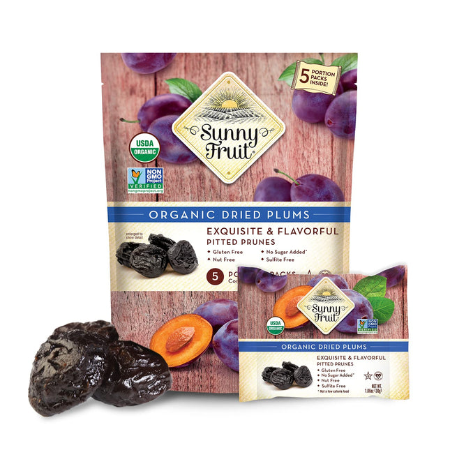 Sunny Fruit Soft Organic Prunes - 6 Bags (30 Individual Portion Packs) | Healthy, Convenient Dried Plums Snack Packs | ORGANIC, NON-GMO, VEGAN, HALAL, KOSHER, NO PRESERVATIVES, NO SUGAR ADDED