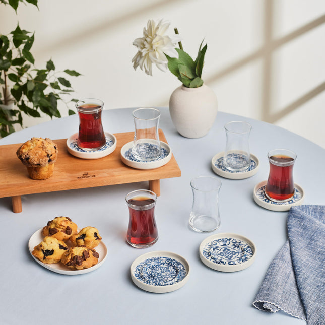 KARACA Mavili Turkish Tea Cups Set - 12 Piece Turkish Tea Glasses and Stoneware Saucers - Authentic Glass Drinking Sets for 6 People - Ideal Adult Teacup Set (170 ml)